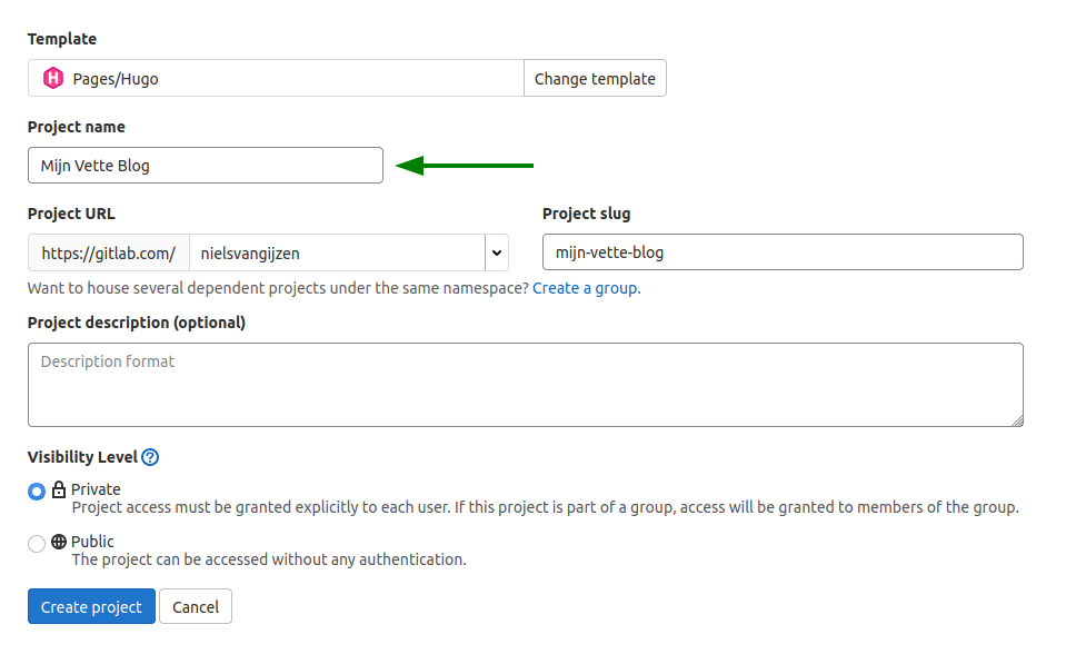 Screenshot van de Gitlab project creatie pagina