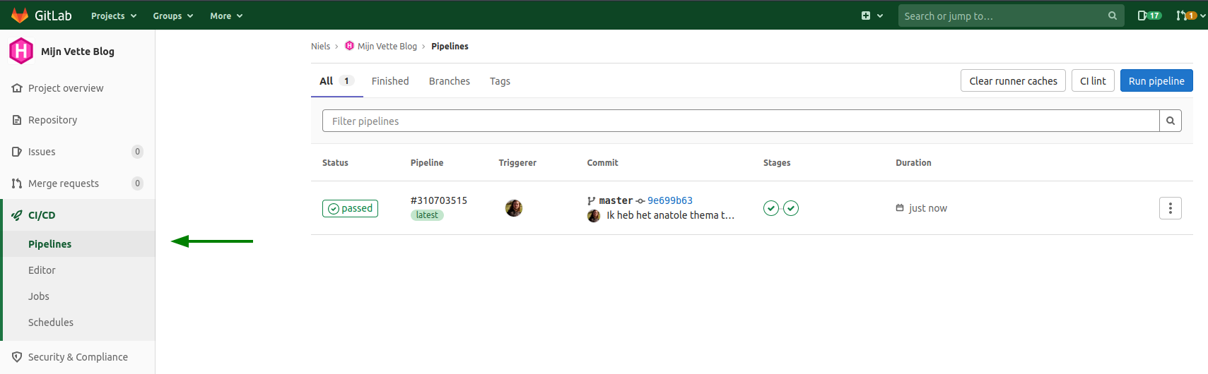 Screenshot van de Gitlab CI/CD pagina