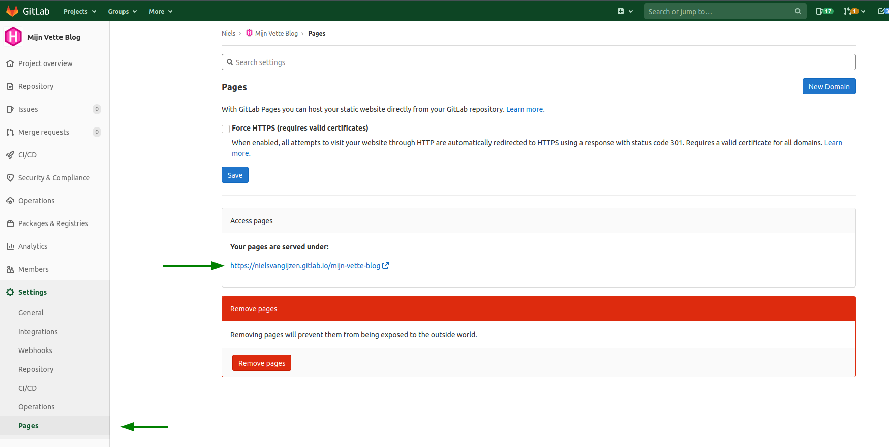Screenshot van de Gitlab Pages pagina